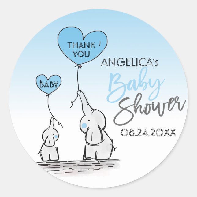 Cute Heart BOY Blue Elephant Mummy & Baby Shower Classic Round Sticker (Front)