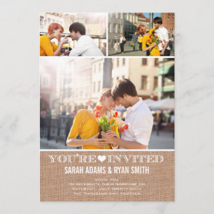 Cute Heart Burlap Wedding Three Photo Invitation