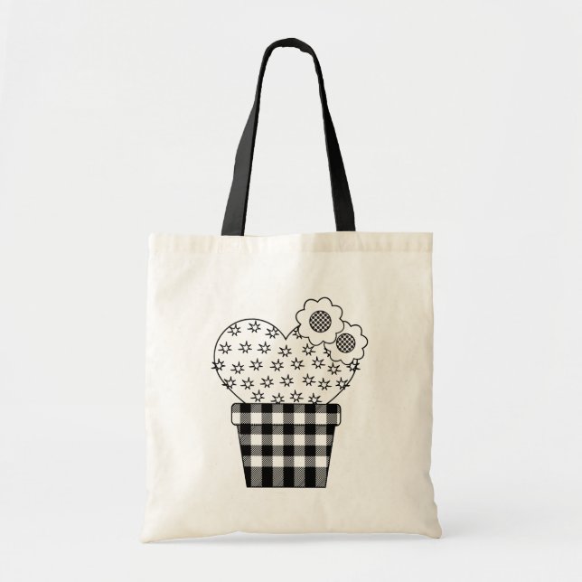 Cute Heart Cactus Plaid Plant Pot Tote Bag (Front)