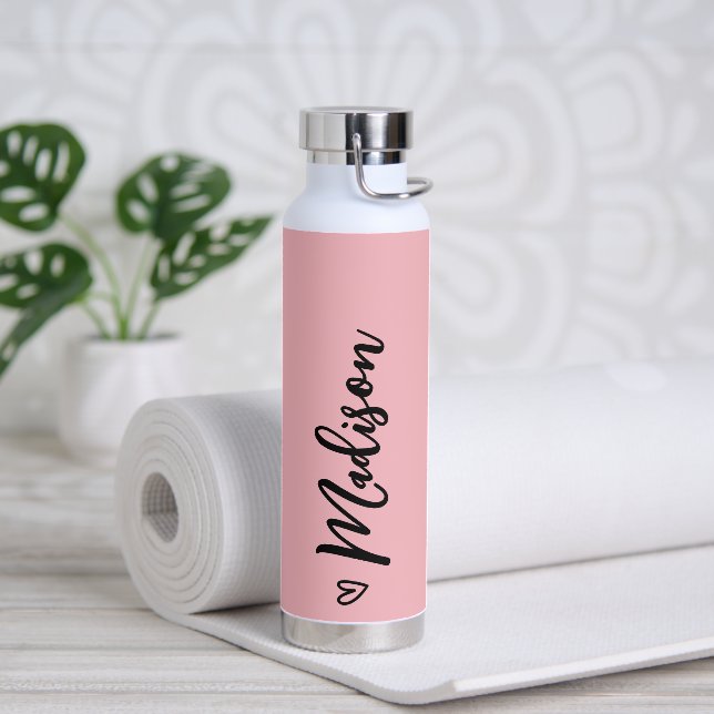 Cute Heart Calligraphy Personalised Black Pink Water Bottle (Yoga)