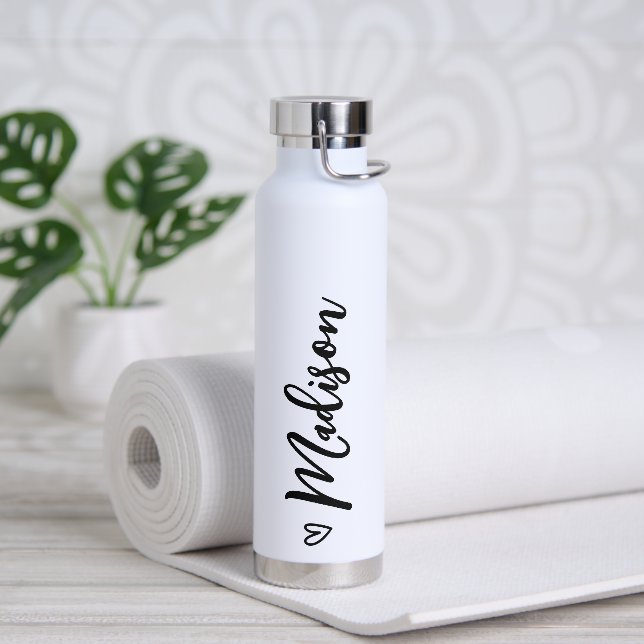 Cute Heart Calligraphy Personalised Black White Water Bottle (Yoga)