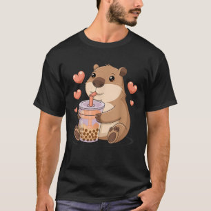 Cute Heart Capybara Kawaii Drinking Bubble Tea Lov T-Shirt
