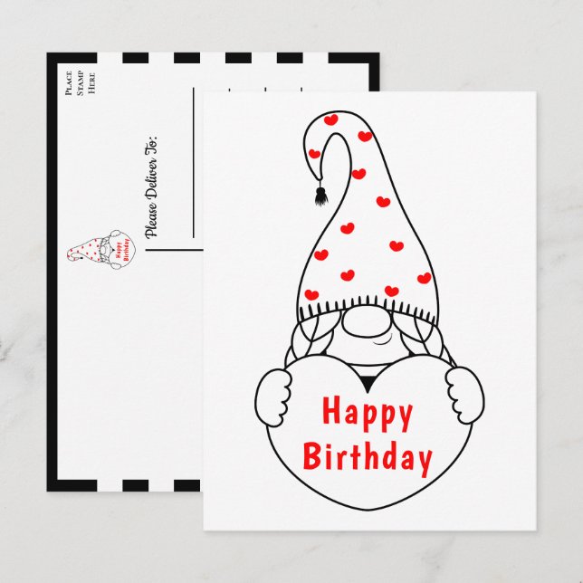 Cute Heart Cartoon Red Black Garden Gnome Birthday Postcard (Front/Back)