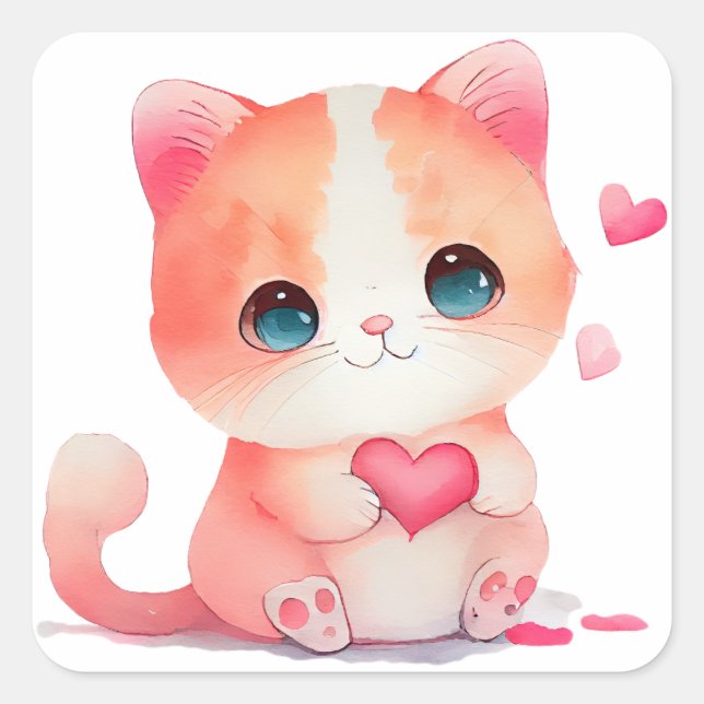 Cute Heart Cat Valentine Square Sticker (Front)