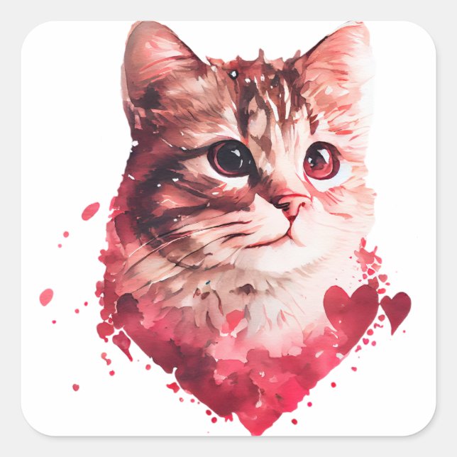 Cute Heart Cat Valentine Square Sticker (Front)