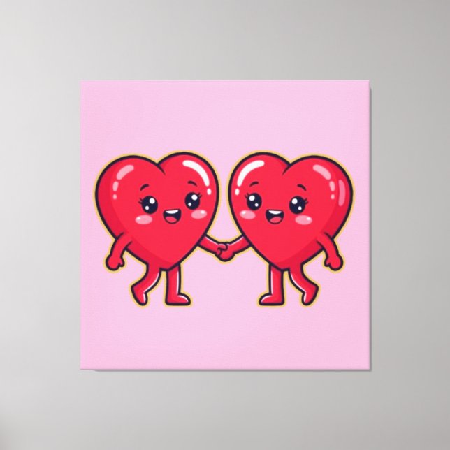 Cute Heart Characters Holding Hands Canvas Print (Front)