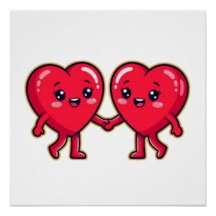 Cute Heart Characters Holding Hands Poster