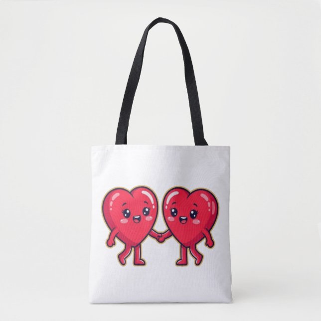 Cute Heart Characters Holding Hands Tote Bag (Front)