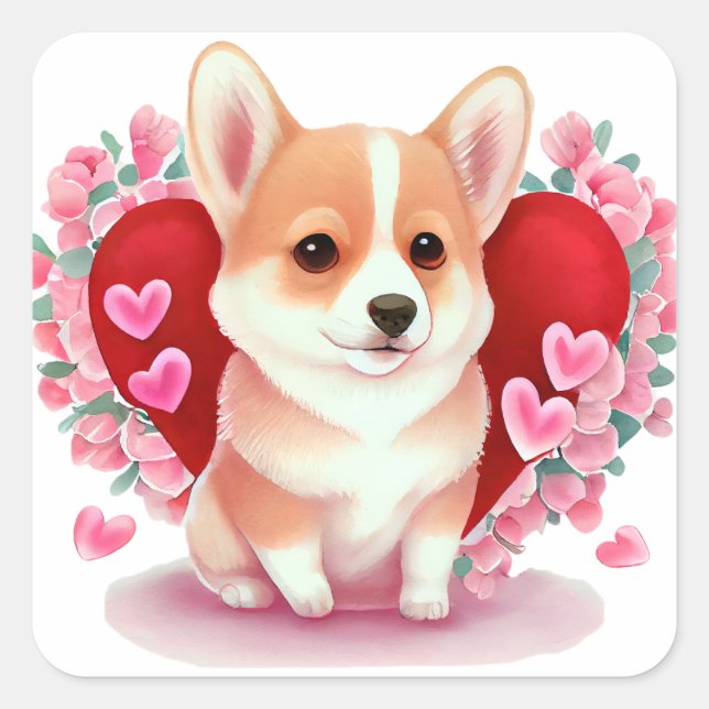 Cute Heart Corgi Dog Valentine  Square Sticker (Front)