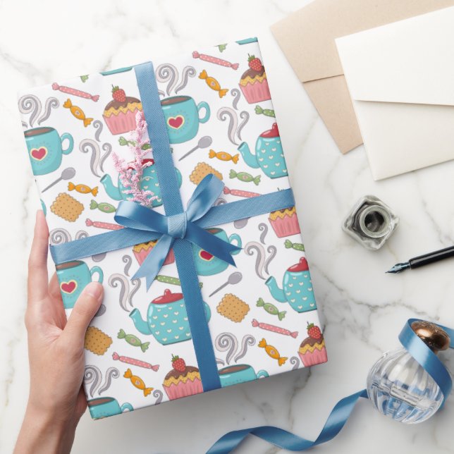 Cute Heart Cup of Coffee Tea Biscuit Cupcake Wrapping Paper (Gifting)