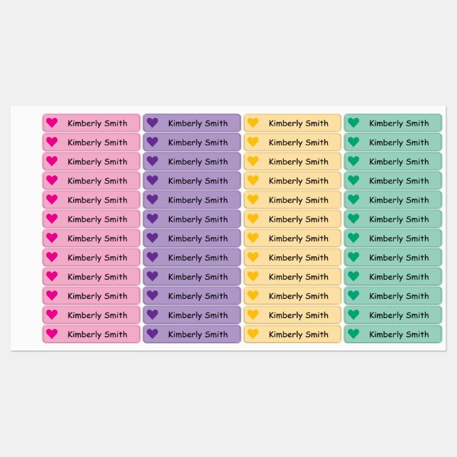 Cute Heart Custom  Skinny  Name Labels - Iron On - (Sheet)