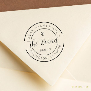 Cute Heart Family Name Return Address Round Logo Rubber Stamp