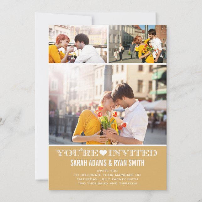 Cute Heart Gold Wedding Three Photo Invitation (Front)