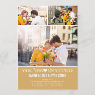 Cute Heart Gold Wedding Three Photo Invitation