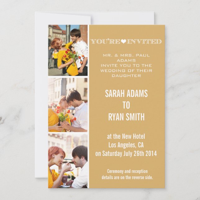 Cute Heart Gold Wedding Three Photo Invitation (Front)