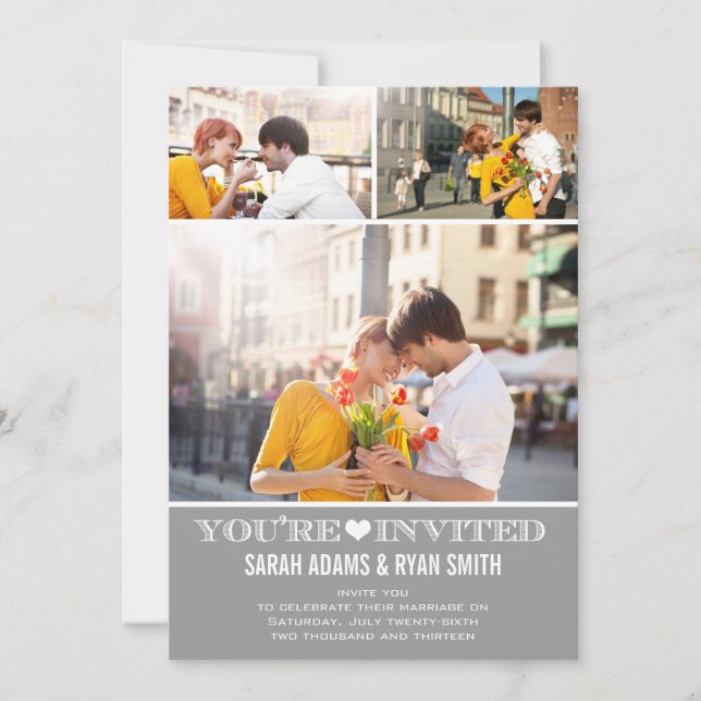 Cute Heart Grey Wedding Three Photo Invitation (Front)