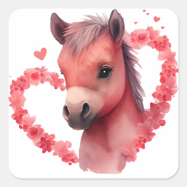 Cute Heart Horse Valentine Square Sticker (Front)