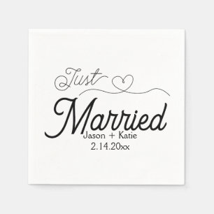 Cute Heart Just Married Calligraphy Wedding Day Napkin