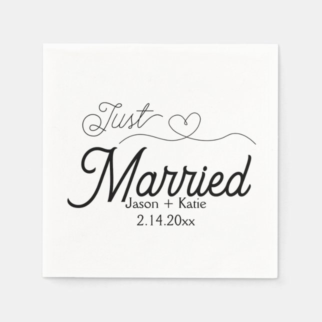 Cute Heart Just Married Calligraphy Wedding Day Napkin (Front)
