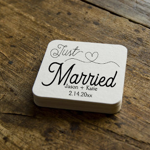 Cute Heart Just Married Calligraphy Wedding Day Square Paper Coaster
