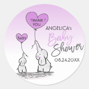 Cute Heart LAVENDER Elephant Mummy & Baby Shower Classic Round Sticker