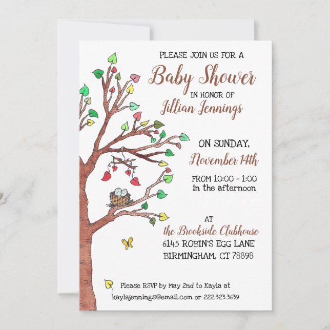 Cute Heart Leaves and Bird Nest Baby Shower Invitation (Front)