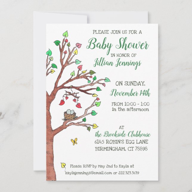 Cute Heart Leaves and Bird Nest Baby Shower Invitation (Front)
