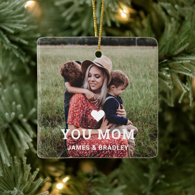Cute HEART LOVE YOU MOM Mother's Day Photo Ceramic Ornament (Tree)