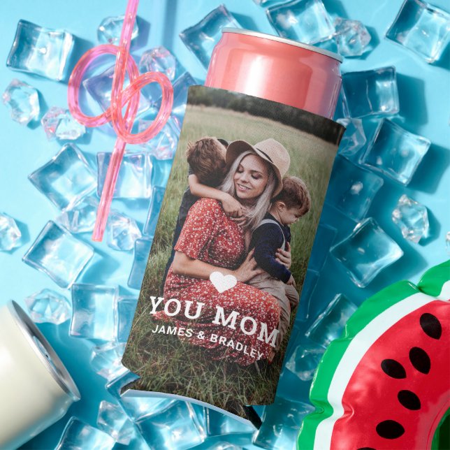 Cute HEART LOVE YOU MOM Mother's Day Photo Seltzer Can Cooler (In Situ Summer)