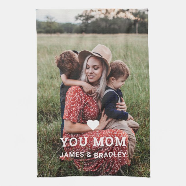 Cute HEART LOVE YOU MOM Mother's Day Photo Tea Towel (Vertical)