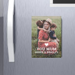 Cute HEART LOVE YOU MUM Mother's Day Magnet<br><div class="desc">Cute HEART LOVE YOU MUM Mother's Day Magnets features your favourite photo with the text "(love heart) you Mum" in modern white script with your names below. Personalise by editing the text in the text box provided and adding your own picture. Designed by ©2022 Evco Studio www.zazzle.com/store/evcostudio</div>