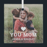 Cute Heart Love You Mum Mother's Day Photo Glass Tree Decoration<br><div class="desc">Cute Heart Love You Mum Mother's Day Photo Ornaments features your favourite photo with the text "(love heart) you Mum" in modern white script with your names below. Personalise by editing the text in the text box provided and adding your own picture. Makes the perfect personalised gift for mum for...</div>