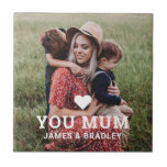 Cute Heart Love You Mum Mother's Day Photo Tile<br><div class="desc">Cute Heart Love You Mum Mother's Day Photo Decorative Tiles features your favourite photo with the text "(love heart) you Mum" in modern white script with your names below. Personalise by editing the text in the text box provided and adding your own picture. Makes the perfect personalised gift for mum...</div>