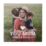 Cute Heart Love You Mum Mother's Day Photo Tile<br><div class="desc">Cute Heart Love You Mum Mother's Day Photo Decorative Tiles features your favourite photo with the text "(love heart) you Mum" in modern white script with your names below. Personalise by editing the text in the text box provided and adding your own picture. Makes the perfect personalised gift for mum...</div>