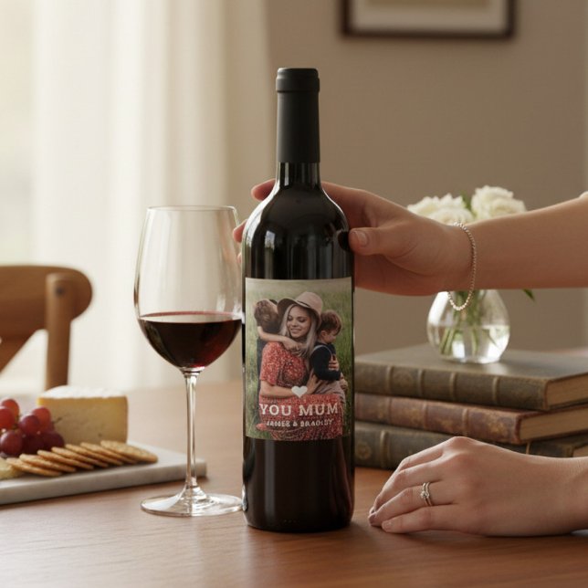 Cute Heart Love You Mum Mother's Day Photo Wine Label (Creator Uploaded)