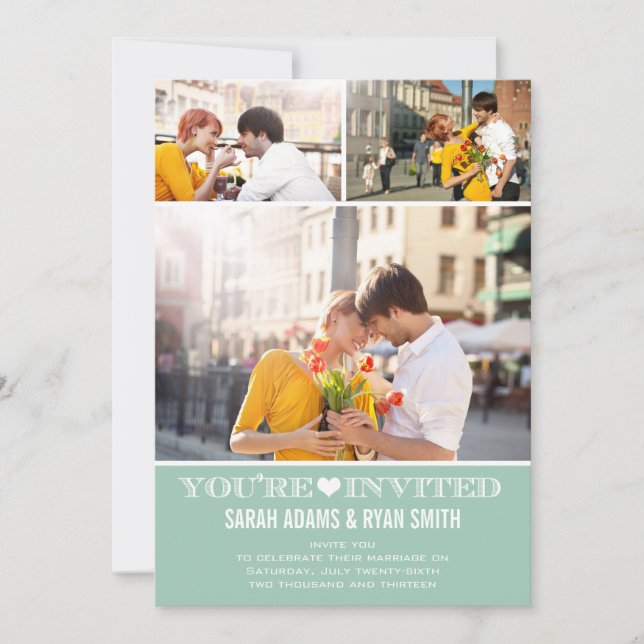 Cute Heart Mint Wedding Three Photo Invitation (Front)