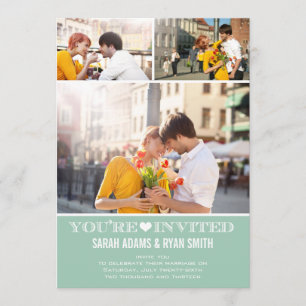Cute Heart Mint Wedding Three Photo Invitation