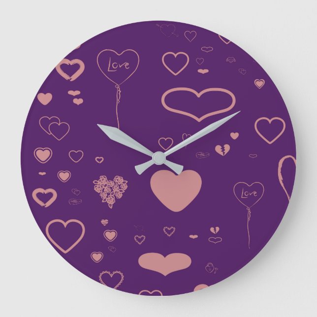 Cute Heart Modern Purple Pattern Large Clock (Front)