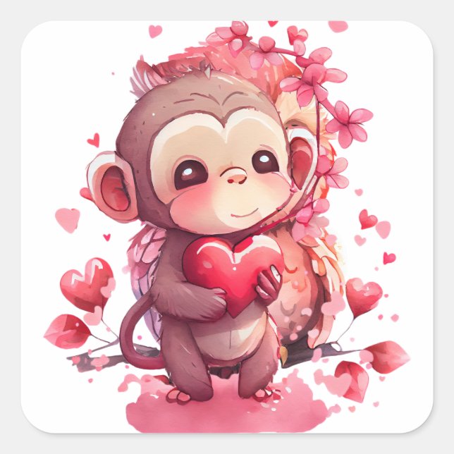 Cute Heart Monkey Valentine Square Sticker (Front)
