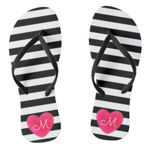 Cute Heart Monogram with Black and White Stripes Flip Flops