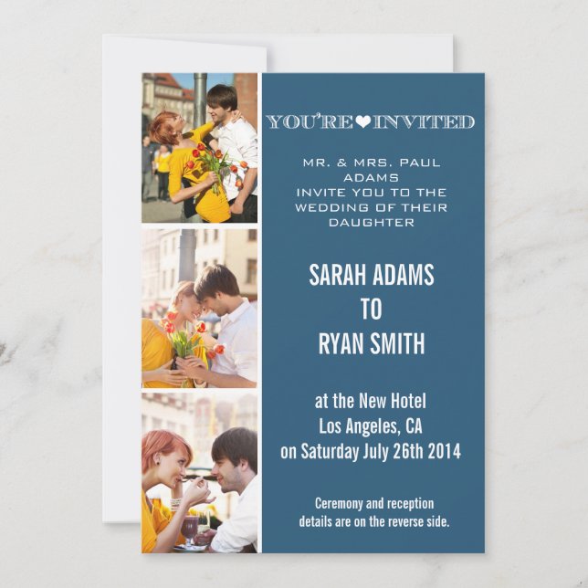 Cute Heart Navy Wedding Three Photo Invitation (Front)