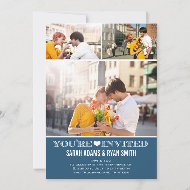 Cute Heart Navy Wedding Three Photo Invitation (Front)