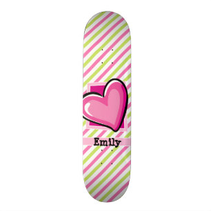 Cute Heart on Pink & Lime Green Stripes Skateboard