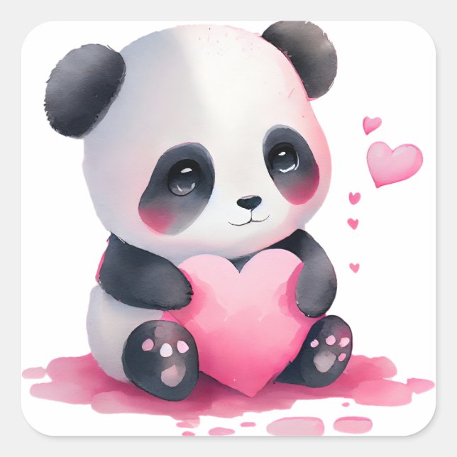Cute Heart Panda Bear Valentine Square Sticker (Front)