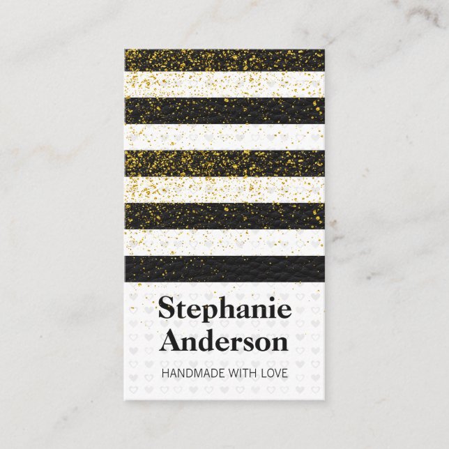 Cute Heart Pattern Leather Stripes Gold Speckles Business Card (Front)