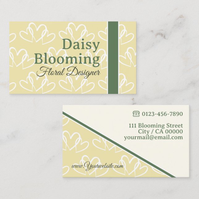 Cute Heart Pattern Pastel Yellow Green Florist Business Card (Front/Back)