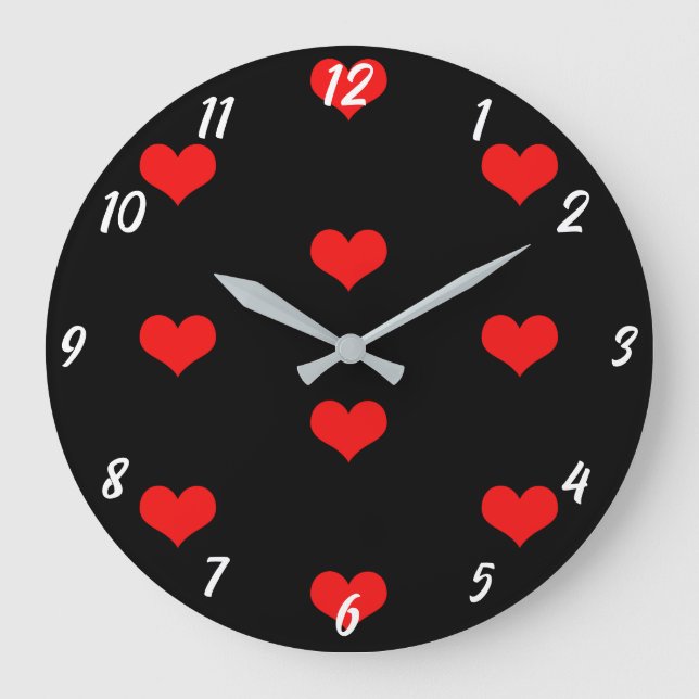 Cute Heart Pattern Red Custom Black Valentines Day Large Clock (Front)