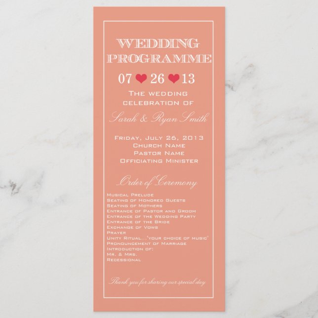 Cute Heart Peach Wedding Program Programme (Front)
