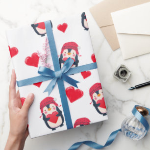 Cute Heart Penguin Winter Wrapping Paper