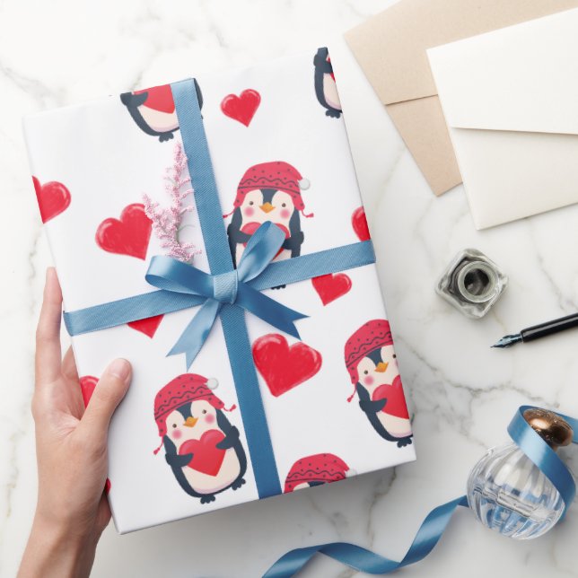 Cute Heart Penguin Winter Wrapping Paper (Gifting)